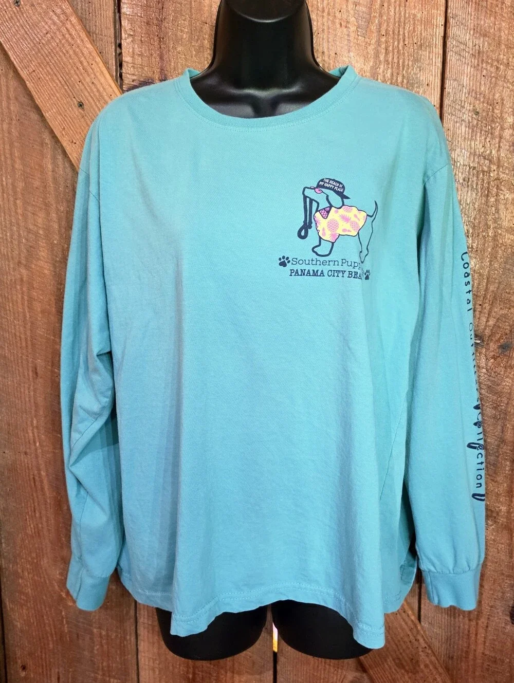 Vintage Southern Puppy Panama City Beach Long Sleeve T-Shirt Womens Medium Teal